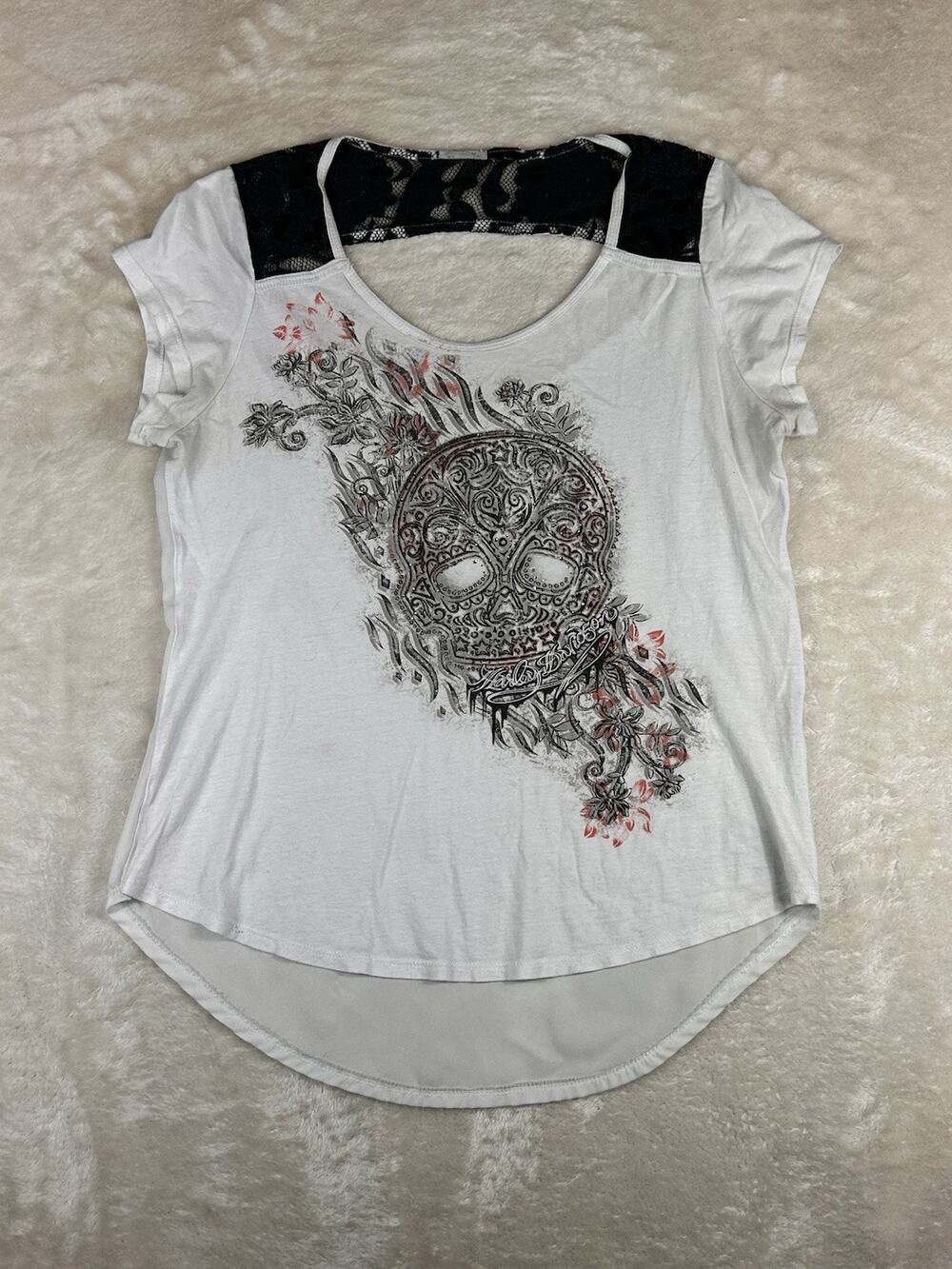 Harley Davidson Shirt Women’s Large White Skull Lace Open Back Short Sleeve